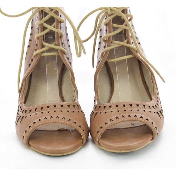 Catherine Malandrino Sz 8 Brown Faux Leather Perforated Lace Up Wedge Sandals - Picture 7 of 10